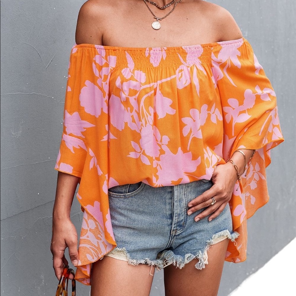 Orange Floral Smocked Bell Sleeve Off-Shoulder Top - Picture 2 of 4